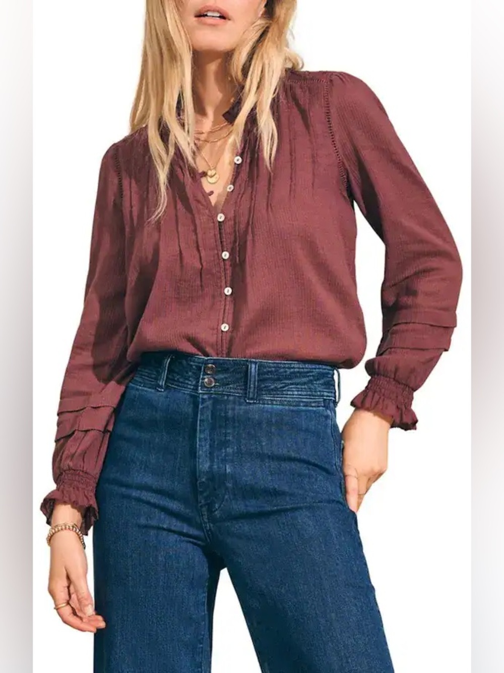 FAHERTY Women’s Willa Button Front Peasant Blouse in Catawba Grape